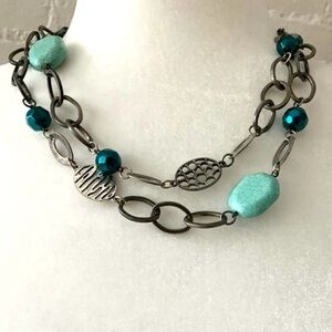 Vintage Turquoise Beaded Chain Necklace Double Strand Beach Boho Festival Hippie